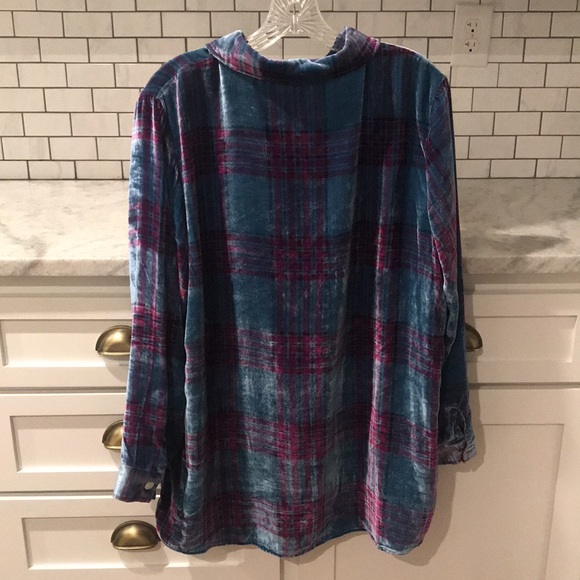 Soft Surroundings Velvet Woman’s Top Boyfriend Shirt Size Large Teal Blue Purple - Picture 6 of 8
